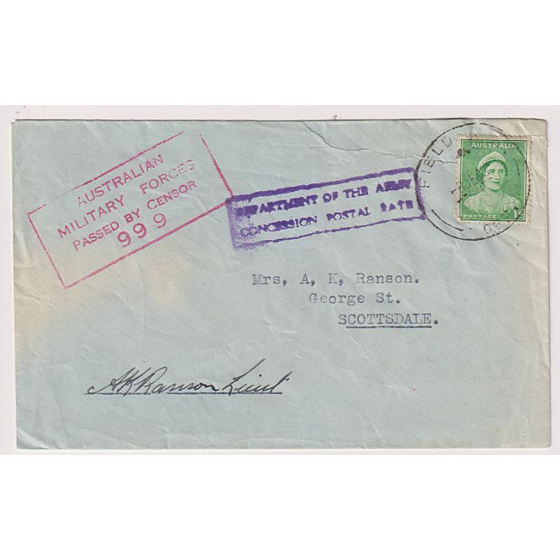 (EE1359) TASMANIA · 1942: censored concession rate cover addressed to Scottsdale with clear strike of FIELD P.O. '089' Type M4 cds rated R · some flap damage and tear near stamp but still presents very well