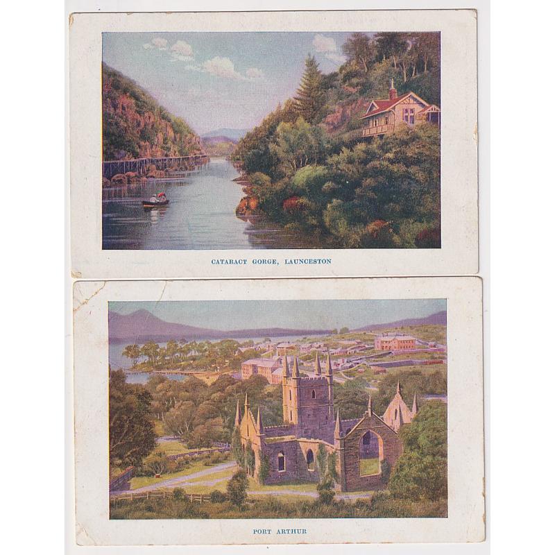 (EE1364) TASMANIA · c.1915: two unused locally printed Tasmanian Government Railways cards w/views of CATARACT GORGE and PORT ARTHUR · the latter card has corner creasing at UL · scarce cards (2 images)