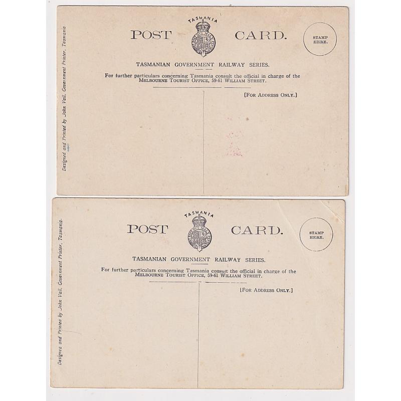 (EE1364) TASMANIA · c.1915: two unused locally printed Tasmanian Government Railways cards w/views of CATARACT GORGE and PORT ARTHUR · the latter card has corner creasing at UL · scarce cards (2 images)