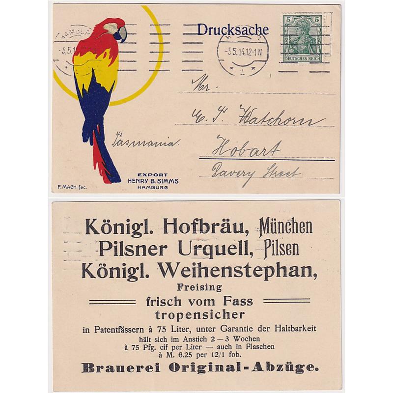 (EE1367) GERMANY · 1914: card with a colour design on the front  advertising beer "fresh from the barrel and tropical-proof" available from Henry B. Simms, Hamburg · mailed to Tasmania and in F to VF condition