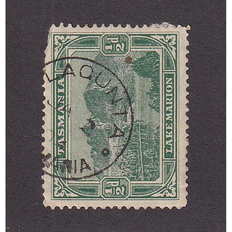 (EE1378) TASMANIA · 1904: a useful partial strike of the LAGUNTA Type 1 cds on a faulty ½ Pictorial · town name is complete · postmark is rated RR+(12)  .... scarcer still on  this stamp!