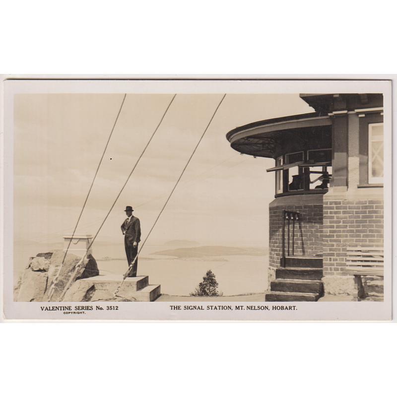 (FE1016) TASMANIA ·  c.1930: an unused real photo card by Valentine (No.3512) w/view of THE SIGNAL STATION, MT. NELSON HOBART in fine condition · surprisingly, an uncommon view