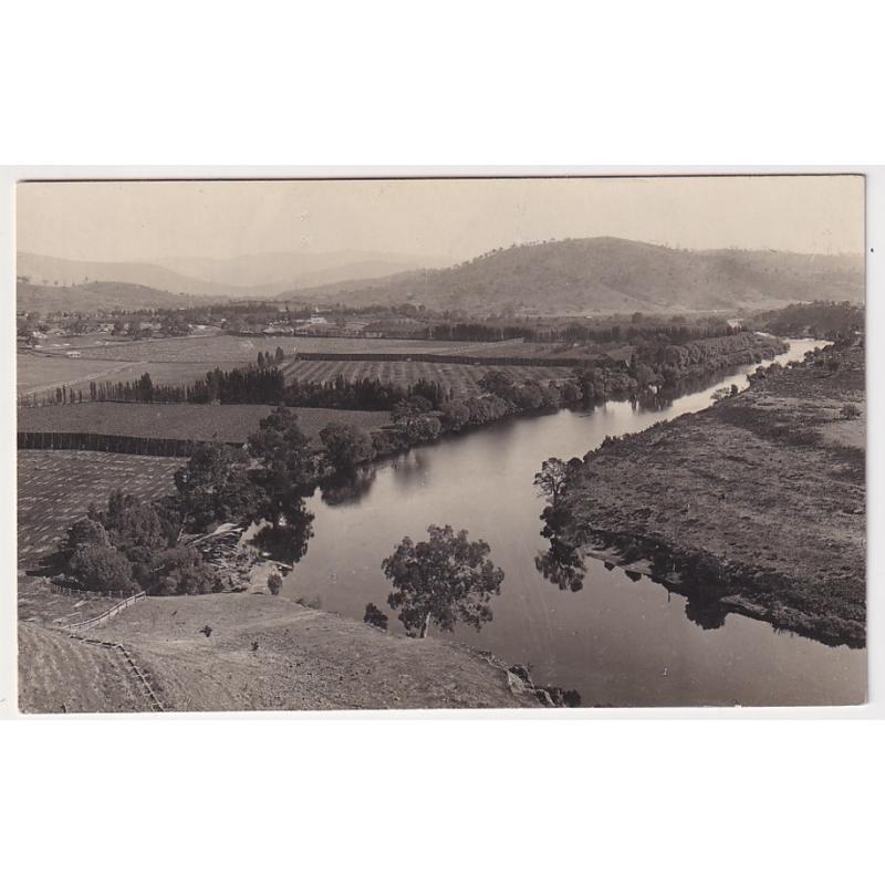 (FE1027) TASMANIA · c.1930: unused real photo card by Beattie Studios with a view of orchards and the Derwent River at MACQUARIE PLAINS · fine condition and an uncommon view