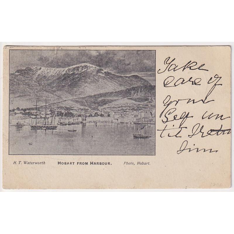 (FE1028) TASMANIA · c.1904: unused undivided back card by H.T. Waterworth w/view of HOBART FROM HARBOUR · usual slightly soiled appearance but above average