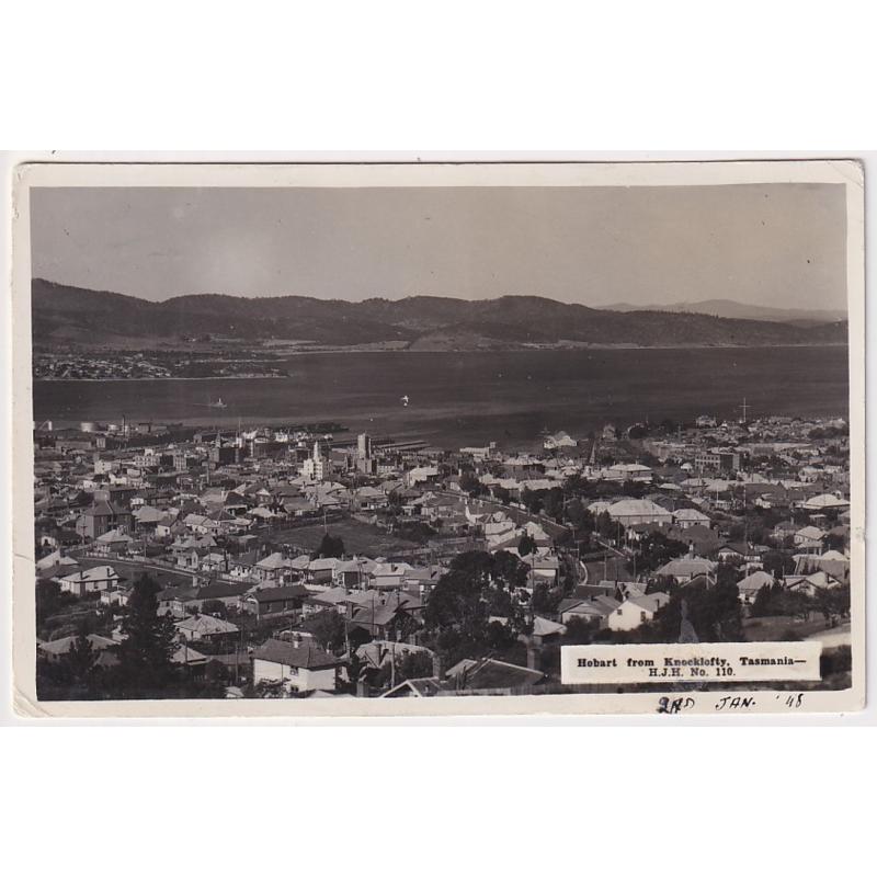 (FE1029) TASMANIA · 1940s: real photo card by H.J. Hellesey w/view HOBART FROM KNOCKLOFTY · postcard album page remnants adhere to back · nice appearance from the business side