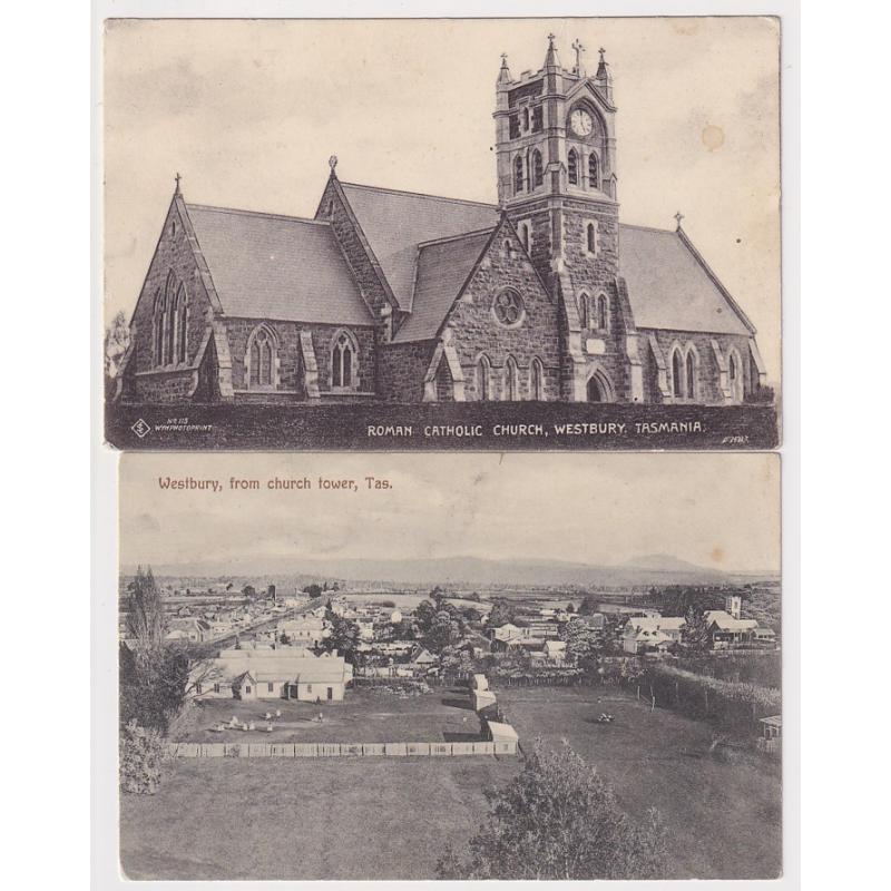 (FE1030) TASMANIA · usedn 'Wynphotoprint' card No.115 w/view ROMAN CATHOLIC CHURCH WESTBURY; also used used Spurling card (No.371) w/view from the church steeple · see full description (2)