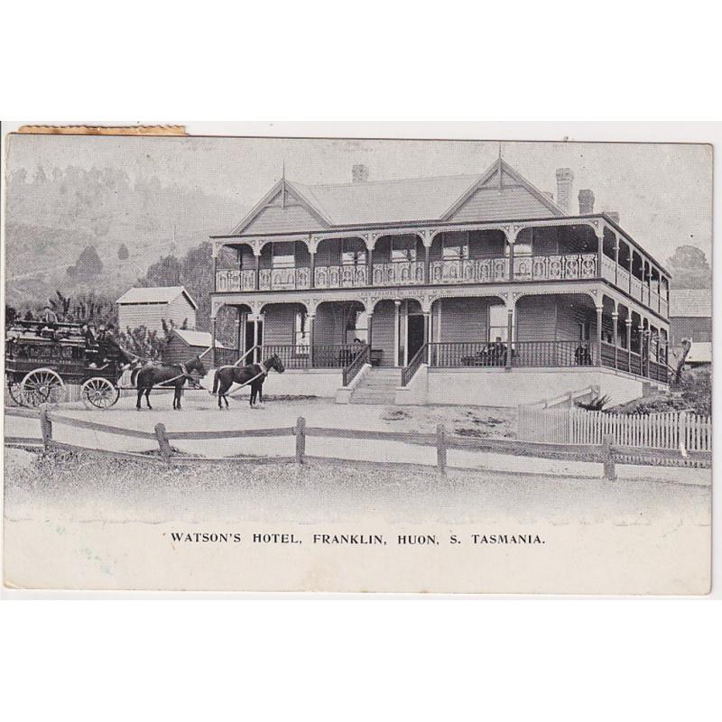 (FE1034) TASMANIA · 1908: advertising card for WATSON'S HOTEL FRANKLIN mailed from Huonville with a 1d Pictorial tied by an A1 quality postmark · excellent condition