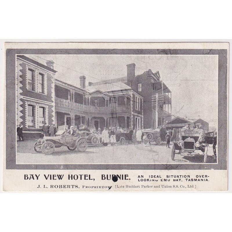 (FE1040) TASMANIA · 1913: advertising card for the BAY VIEW HOTEL, BURNIE postsally used from there to Launceston · card printed by the Emu Bay Times · small ink blot on front o/wise in nice condition