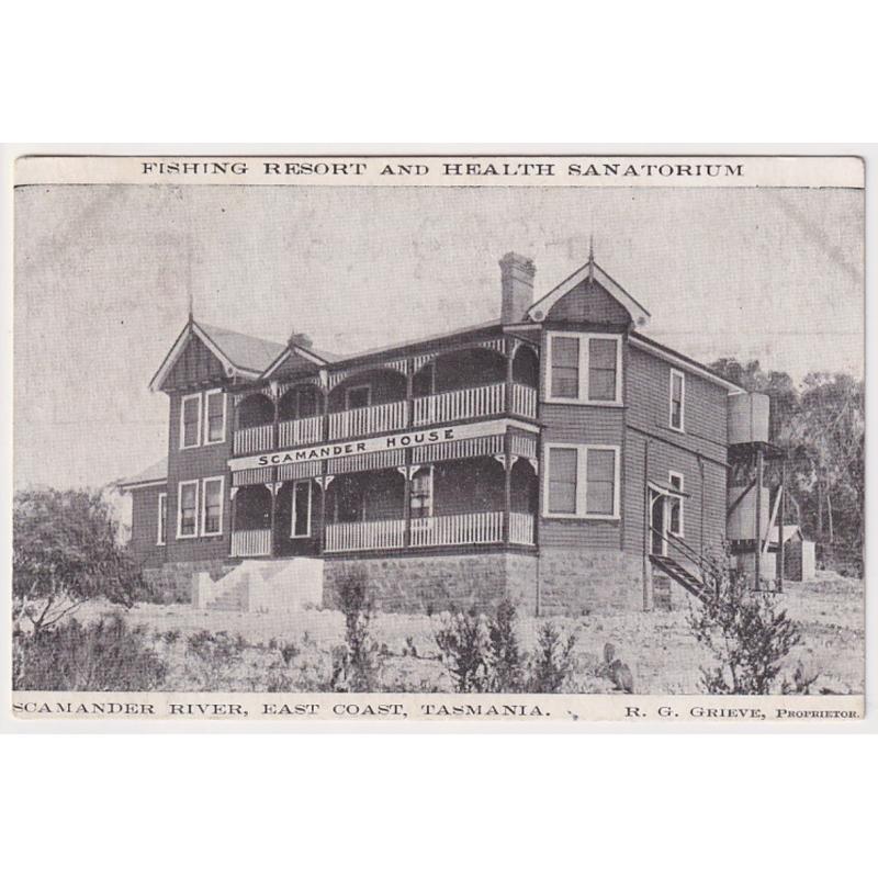 (FE1042) TASMANIA · c.1910: advertising card for SCAMANDER HOUSE "FISHING RESORT AND HEALTH SANATORIUM · postally used but the stamp has been removed but without damage · excellent condition