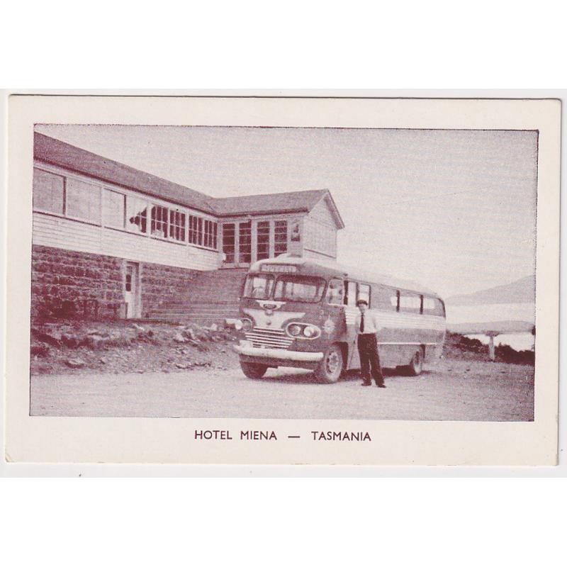 (FE1045) TASMANIA 1950s: unused card, possibly published by Pioneer Tours with a view of a driver standing beside his coach at the HOTEL MIENA at the Great Lake · fine condition and only the second example I've seen