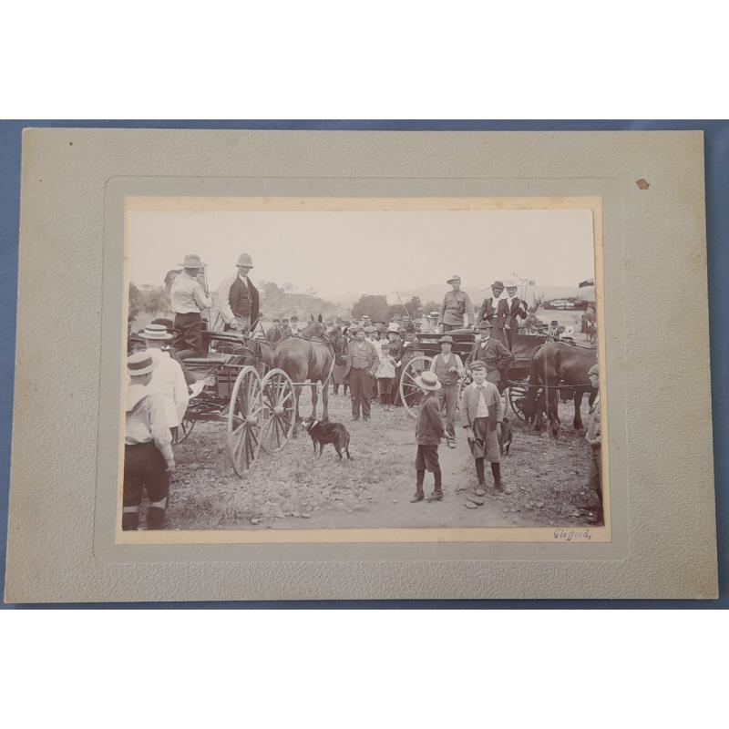 (FE1050L) TASMANIA · 1902: photo taken at the Hobart Showground · "Clifford," h/stamp · silhouette of Mt Faulkner confirms location · sign reads "Welcome Home Brave Soldiers" · see full description