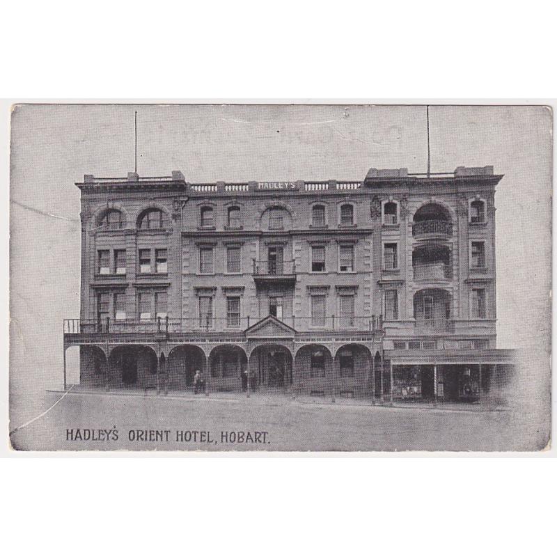 (FE1051) TASMANIA · c.1910: unused card w/view of HADLEY'S ORIENT HOTEL, HOBART · some peripheral wear but very displayable · please note that the card is not creased ... the marks on the left side indicate plate scratches