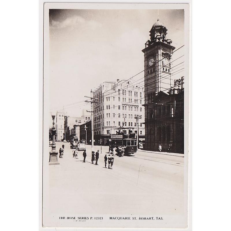 (FE1055) TASMANIA · c.1940: unused real photo card by Rose (P.12323) with a view of MACQUARIE ST. HOBART · uncommon card in my experience · excellent to fine condition