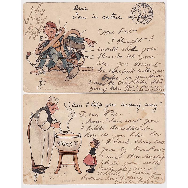 (FE1059) AUSTRALIA · 1902: 2 used undivided back humorous cards · publisher not identified · some wear and soiling but both items are quite displayable (2)