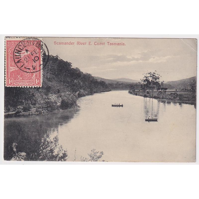 (FG1114) TASMANIA · 1910: postally used b&w card mailed to Germany at the printed matter rate w/view of the SCAMANDER RIVER · excellent condition