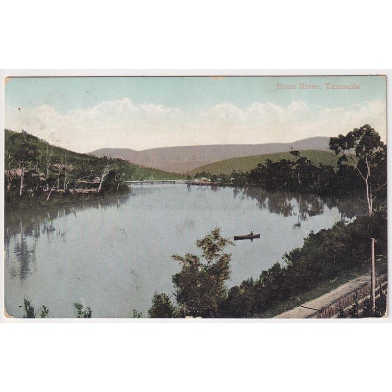 (FG1118) TASMANIA · 1908: colour card by Valentine w/view of the HUON RIVER postally used in South Australia · excellent condition