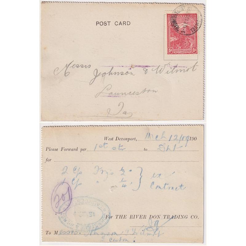 (FG1119) TASMANIA · 1909: advice card as used by THE RIVER DON TRADING CO. mailed to Launceston · small filing hole o/wise in excellent condition · $5 STARTER!!