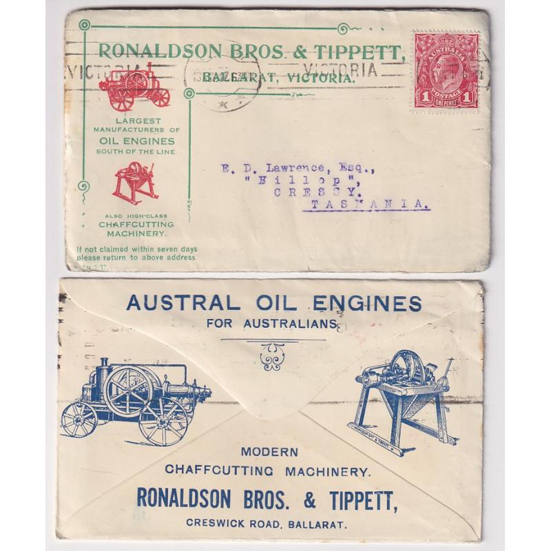 (FL1005) AUSTRALIA · 1917: two identical advertising envelopes as used by Ronaldson Bros. & Tippett, Ballarat · illustrated on both sides ....you can display both! · include correspondence · overall condition is excellent (2)