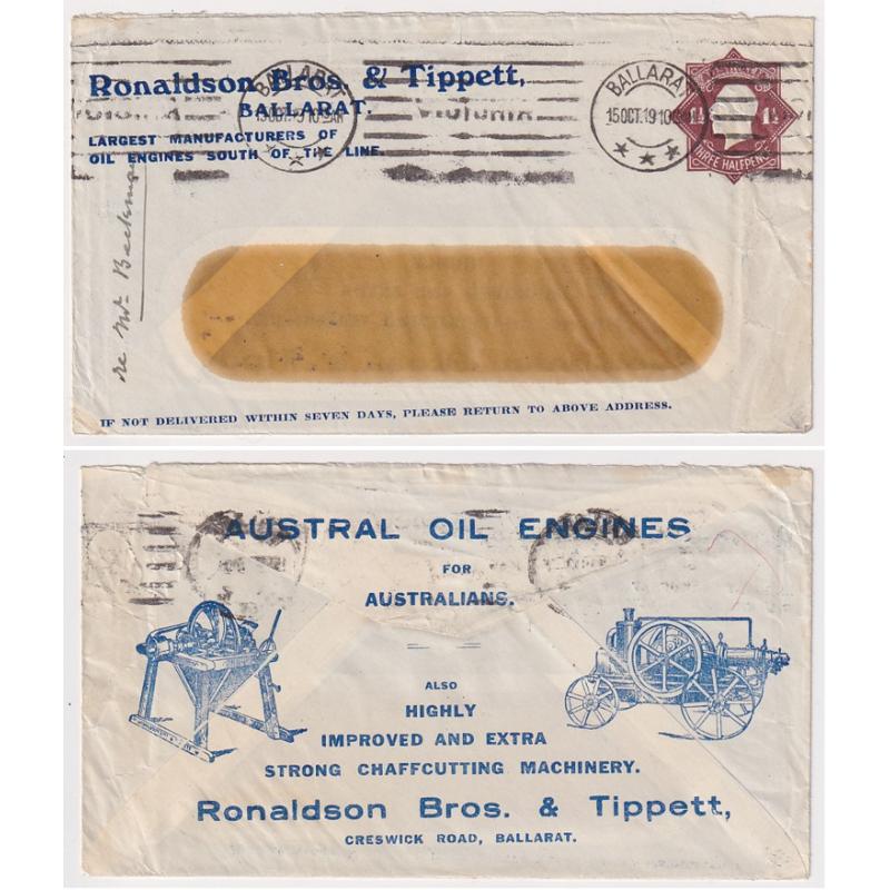 (FL1006) AUSTRALIA · 1919: used stamped-to-order envelope for Ronalson Bros. & Tippett with Die 2 1½d brown KGV indicium BW ES51 · attractive item in excellent condition · with contents