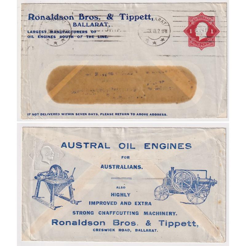 (FL1007) AUSTRALIA · 1916: used stamped-to-order envelope for Ronalson Bros. & Tippett with Die 2 1d red KGV indicium BW ES29 · attractive item in excellent condition · with contents