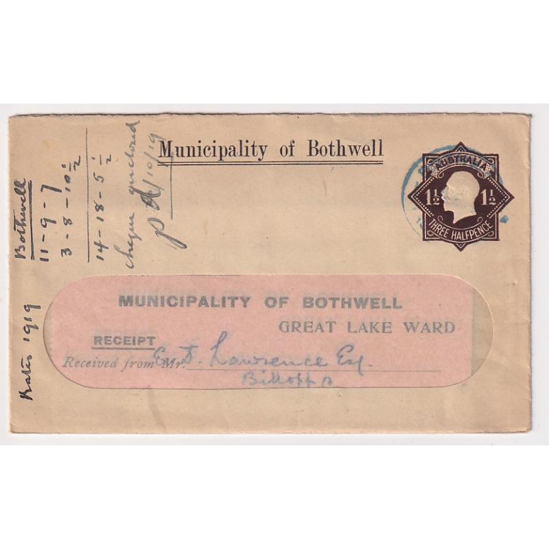 (FL1008) AUSTRALIA · 1919: used stamped-to-order envelope for the MUNICIPALITY OF BOTHWELL with Die 3 1½d black-brown KGV indicium (without triangle) BW ES49 · contains rates receipt · some record keeping on front · c.v. AU$100