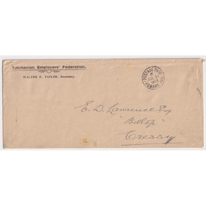 (FL1010L) TASMANIA · 1909: a full clear strike of the Type 1c(iii) POSTAGE PAID HOBART TAS. cds with '2D' value above the dateline · rated R · very scarce "on cover"