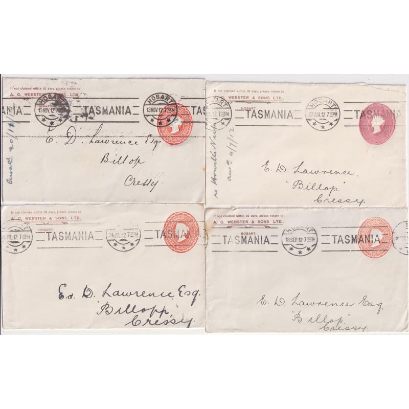 (FL1011) TASMANIA · 1912: 4x used 1d QV stamped-to-order envelopes used by A.G. Webster & Sons Ltd. · note slight to large variation in  indicia colour · any imperfections are minor (2)