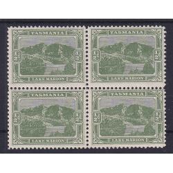 (FL1013) TASMANIA · 1908: MNH block of 4x typographed ½d Pictorials (Crown/A · perf.11) · lower right unit has a natural paper wrinkle · very fresh front and verso (2 images)