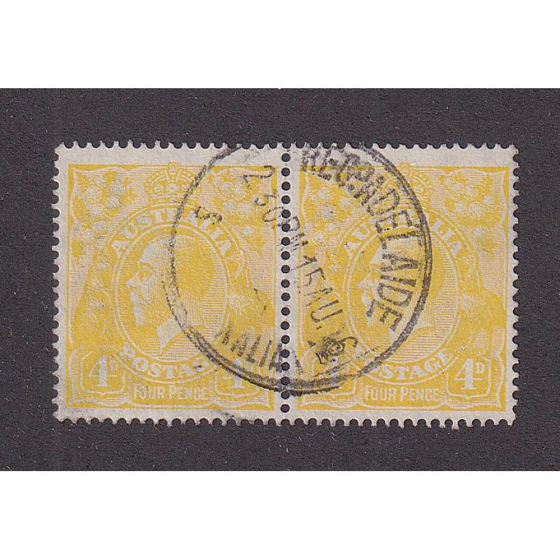 (FL1014) AUSTRALIA · 1916: postmarked pair of 4d lemon-yellow KGV defins dated "15.AU.16" BW 110C · nice condition · total c.v. AU$90 (2 images)