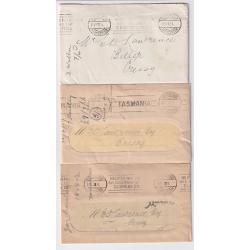 (FL1015) TASMANIA · 1918/20: 3 envelopes with POSTAGE PAID LAUNCESTON m/cancels · 1d & 1½d values · see description · also envelope with impression in red of the machine used at Hobart (4)