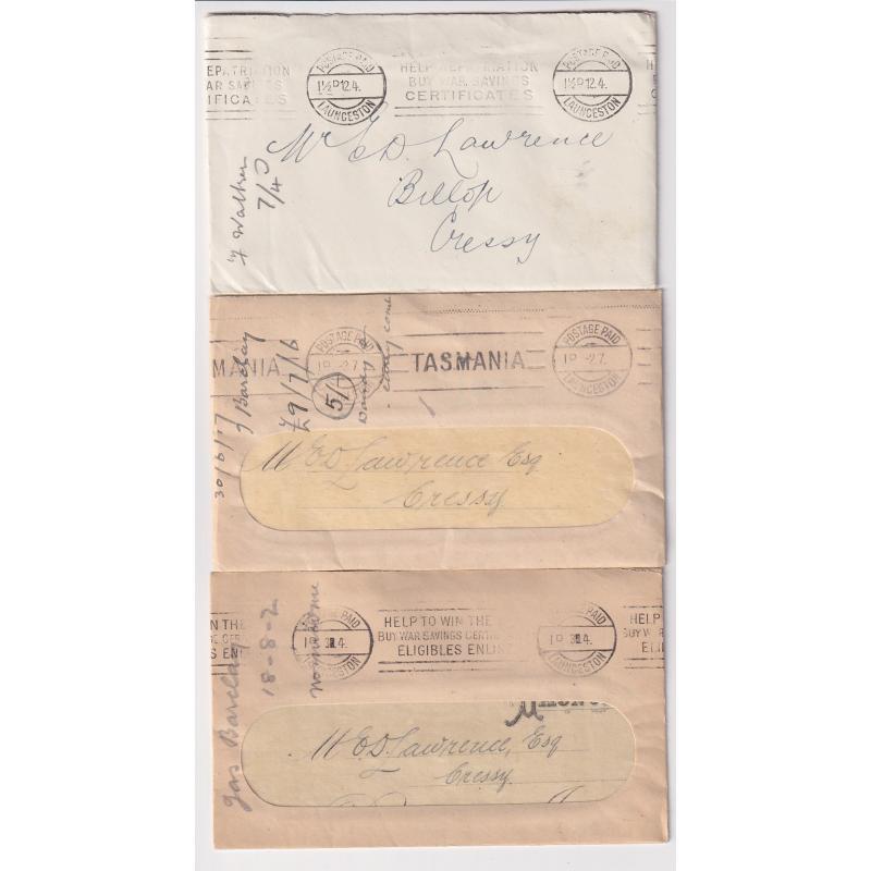 (FL1015) TASMANIA · 1918/20: 3 envelopes with POSTAGE PAID LAUNCESTON m/cancels · 1d & 1½d values · see description · also envelope with impression in red of the machine used at Hobart (4)