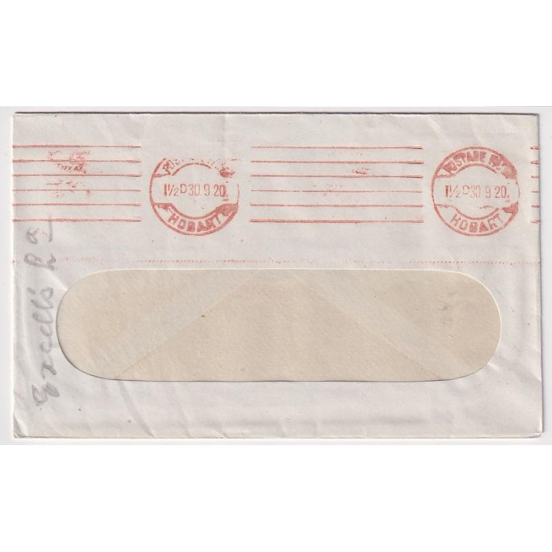 (FL1015) TASMANIA · 1918/20: 3 envelopes with POSTAGE PAID LAUNCESTON m/cancels · 1d & 1½d values · see description · also envelope with impression in red of the machine used at Hobart (4)