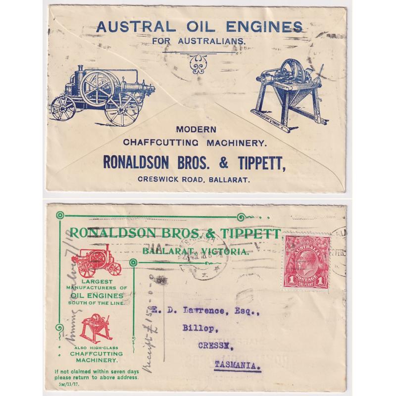 (FL1016) AUSTRALIA · 1918: advertising envelope used by Ronaldson Bros. & Tippett, Ballarat · illustrated on both sides  · mailed to Cressy (TAS) · excellent condition front/reverse