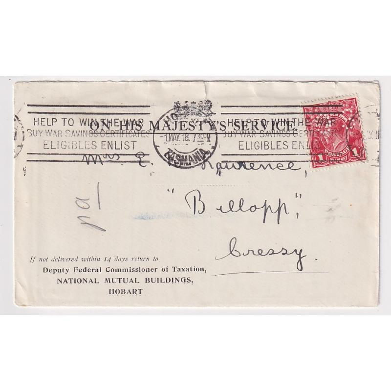 (FL1017) AUSTRALIA · 1918: OHMS envelope with 'greetings' from the Deputy Federal Commissioner of Taxation · bears single 1d red KGV franking perf OS · opened enthusiastically with part of the flap absent but quite displayable