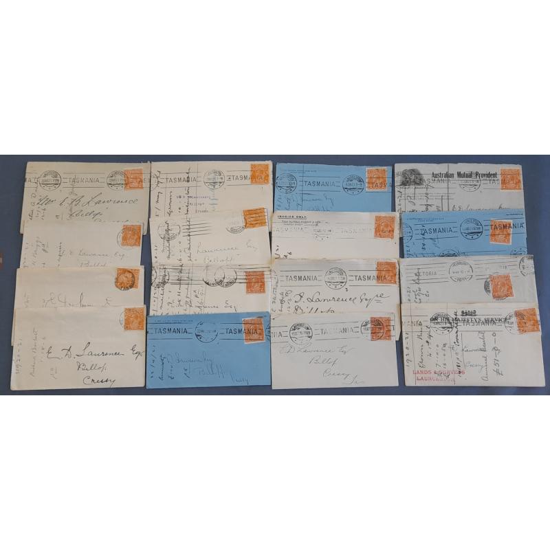 (FL1019B) AUSTRALIA · 1920/21: bundle of 38 small covers all from the same commercial correspondence to Cressy (TAS) all with 2d orange KGV defin franking · many covers have their original contents · mostly in excellent condition (3 images)