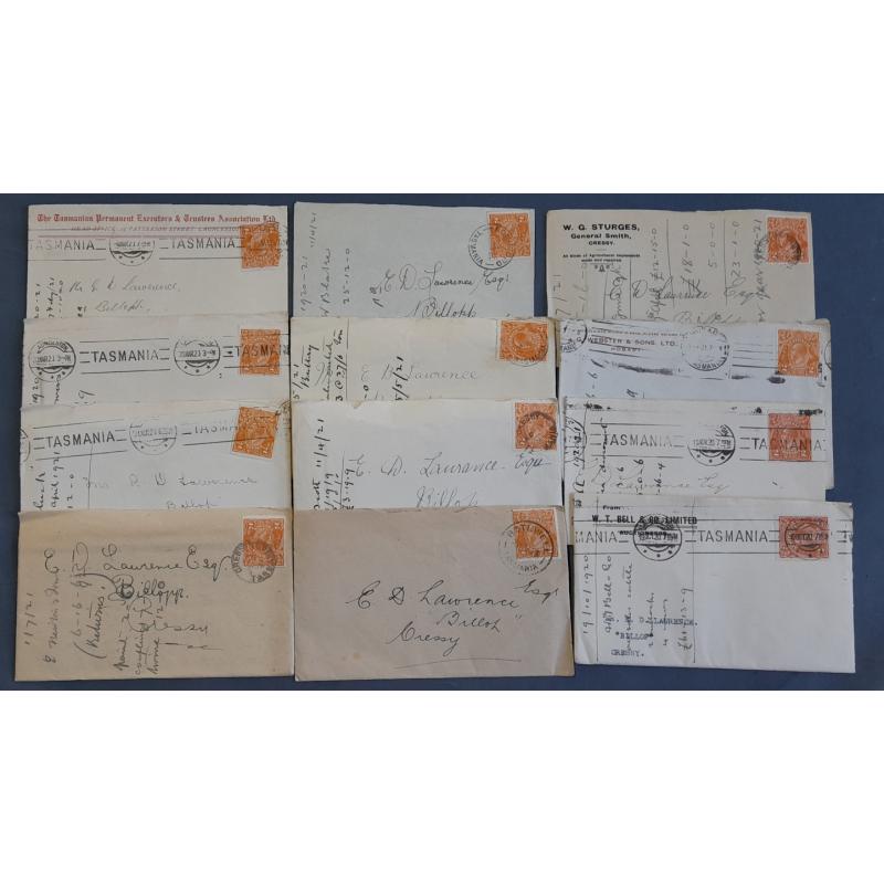 (FL1019B) AUSTRALIA · 1920/21: bundle of 38 small covers all from the same commercial correspondence to Cressy (TAS) all with 2d orange KGV defin franking · many covers have their original contents · mostly in excellent condition (3 images)