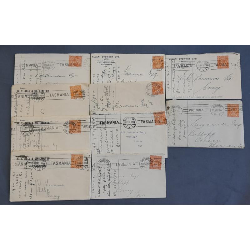 (FL1019B) AUSTRALIA · 1920/21: bundle of 38 small covers all from the same commercial correspondence to Cressy (TAS) all with 2d orange KGV defin franking · many covers have their original contents · mostly in excellent condition (3 images)