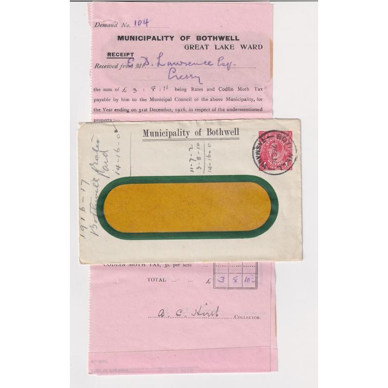 (FL1021) AUSTRALIA · 1916: Municipality of Bothwell envelope stamped-to-order with a 1d red KGV indicium · contains rates demand for property in the Great Lake area