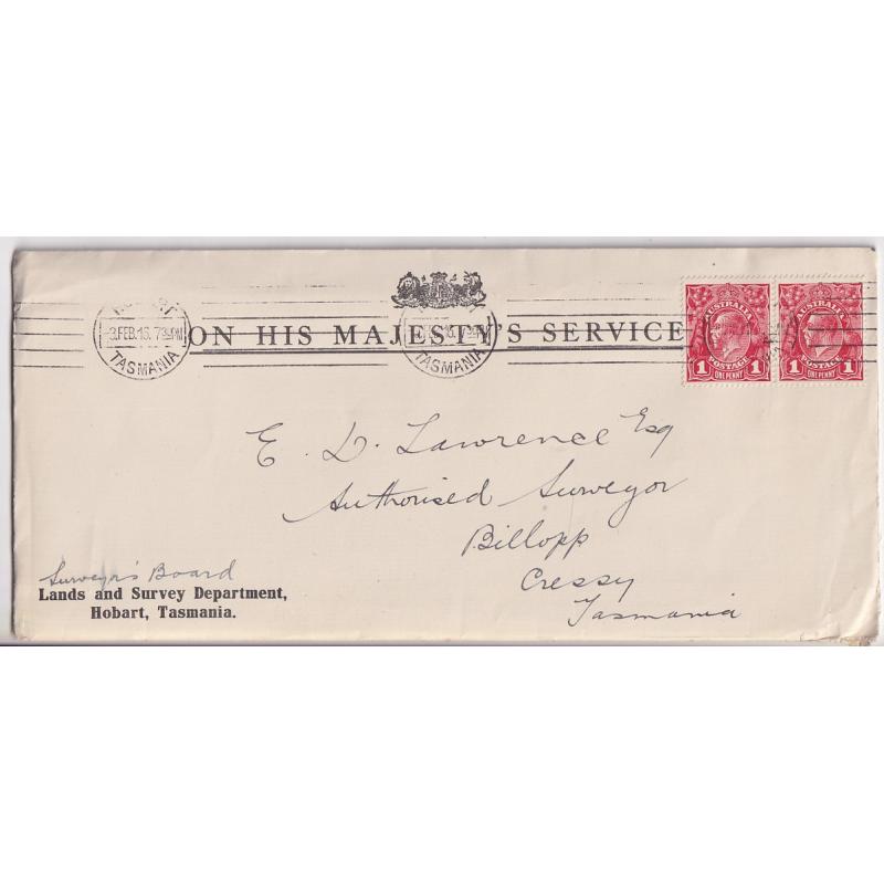 (FL1023L) AUSTRALIA · 1916: OHMS envelope (Lands and Survey Department, Hobart) with a pair of 1d red KGV defins plated VIII,49,50 NOT perf T · excellent clean condition