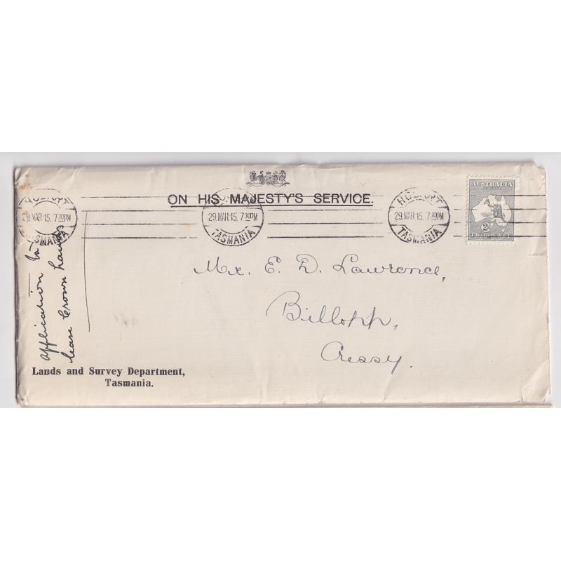 (FL1024L) TASMANIA · 1915: legal size OHMS envelope mailed to Cressy with single 2d grey Roo franking perf T (6x6 holes) · some minor imperfections · with original contents