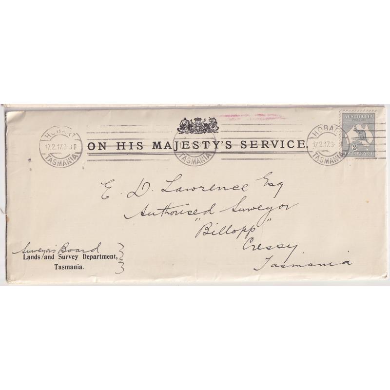 (FL1025L) TASMANIA · 1917: legal size OHMS envelope mailed to Cressy with single 2d grey Roo franking NOT perf T · excellent to fine condition · with original contents