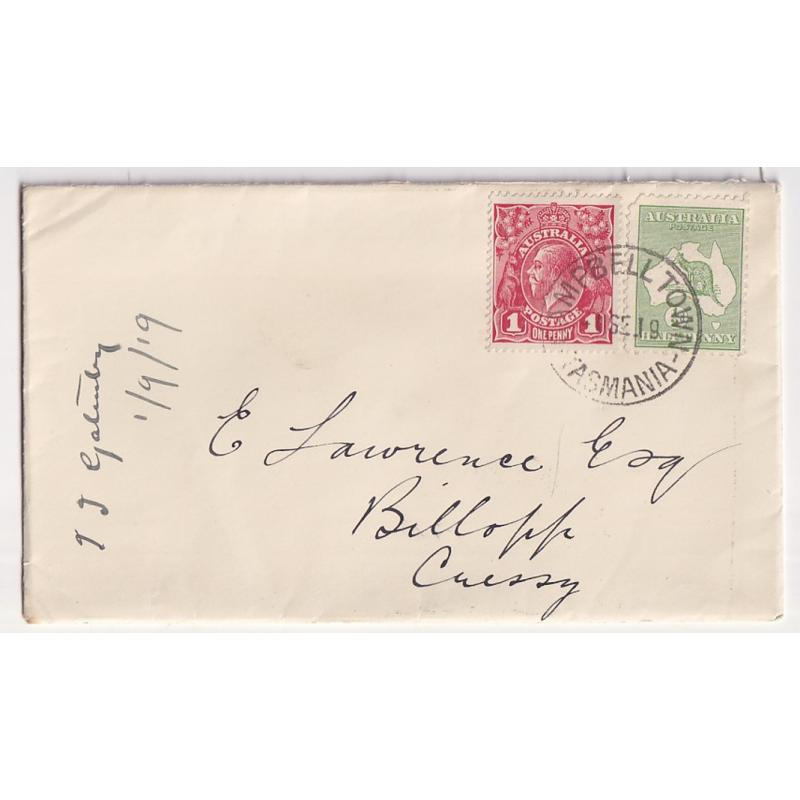 (FL1027) AUSTRALIA · 1919: small cover used in Tasmania with 1d red KGV defin paying postage and a ½d Roo the War Tax · fine condition