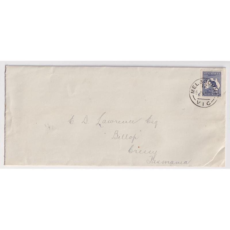 (FL1028L) AUSTRALIA · 1920: commercial cover to Tasmania with single 2½d indigo Roo franking which paid the 2d postage + ½d War Tax · minor wear in LR corner o/wise in excellent to fine condition