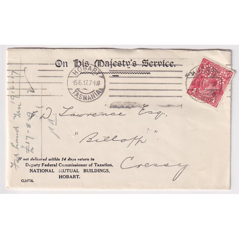 (FL1035) AUSTRALIA · 1917: small OHMS cover used in Tasmania with single Die I 1d red KGV defin franking perf 'OS' BW 71bb · stamp overlaps right edge but is OK · "on cover' c.v. AU$75