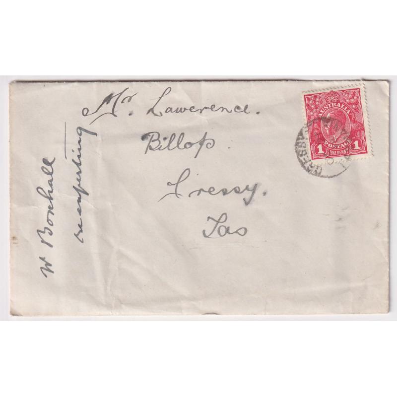 (FL1033) AUSTRALIA · 1918: cover mailed in Tasmania with Die III 1d deep red KGV defin franking BW 75B tied by a Cressy cds · excellent clean condition · "on cover" c.v. AU$750 (2 images)