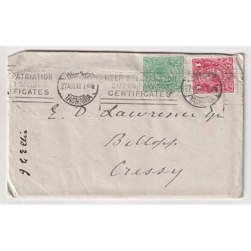 (FL1034) AUSTRALIA · 1918: Tasmanian cover with a Die II 1d red KGV defin BW 71(1)i paying postage and a ½d green KGV paying the War Tax · some peripheral wear but still very displayable · "on cover" c.v. for Die II AU$200 (2 images)