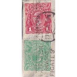 (FL1034) AUSTRALIA · 1918: Tasmanian cover with a Die II 1d red KGV defin BW 71(1)i paying postage and a ½d green KGV paying the War Tax · some peripheral wear but still very displayable · "on cover" c.v. for Die II AU$200 (2 images)