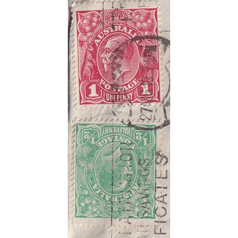 (FL1034) AUSTRALIA · 1918: Tasmanian cover with a Die II 1d red KGV defin BW 71(1)i paying postage and a ½d green KGV paying the War Tax · some peripheral wear but still very displayable · "on cover" c.v. for Die II AU$200 (2 images)