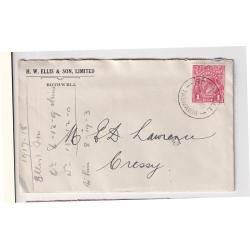 (FL1037) AUSTRALIA · 1918: small commercial cover mailed in Tasmania with single 1d carmine-red KGV defin franking BW 71Y(1)i · "on cover" c.v. AU$200 (2 images)