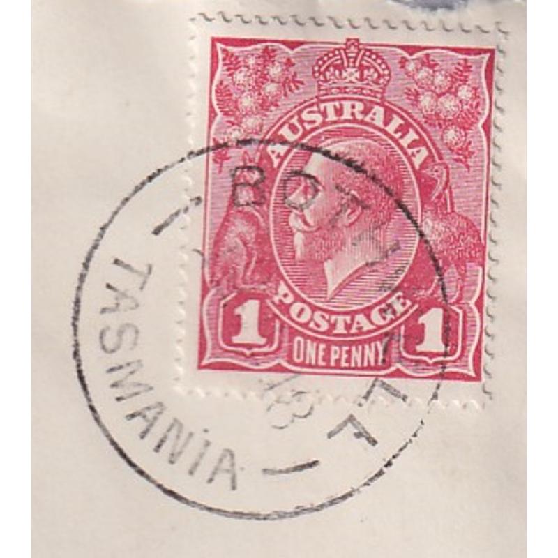 (FL1037) AUSTRALIA · 1918: small commercial cover mailed in Tasmania with single 1d carmine-red KGV defin franking BW 71Y(1)i · "on cover" c.v. AU$200 (2 images)